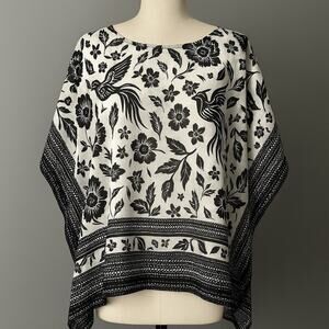 Vince Camuto Black White Bird Floral Print Sheer Poncho Top OS